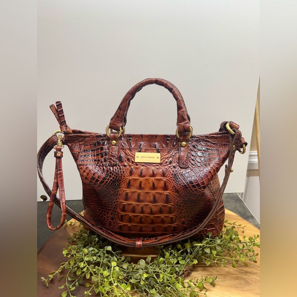 Brahmin Mini Asher Satchel Pecan Melbourne Leather Croc Embossed Shoulder Bag